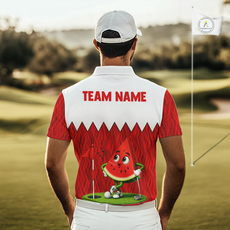 Male golfer wearing watermelon golf polo on the course, premium moisture-wicking golf apparel for golf tournaments, vacation golf and charity golf events.