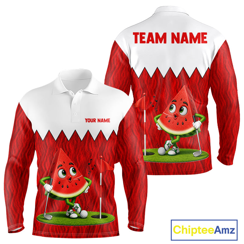 Men's golf polo mockup featuring vibrant watermelon artwork, personalized golf shirt for tournaments, golf leagues and golf vacations. Appeals to summer lovers, fruit enthusiasts and tropical lifestyle fans.