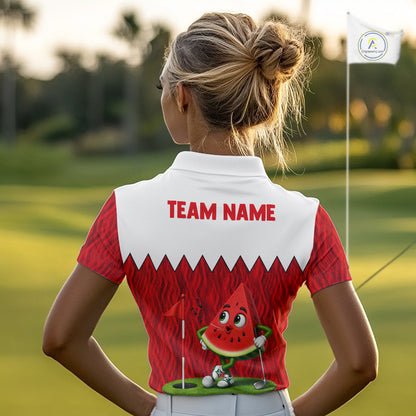 Female golfer wearing watermelon golf polo during a summer golf outing, lightweight golf apparel for beach vacations, golf leagues and resort clubs. 