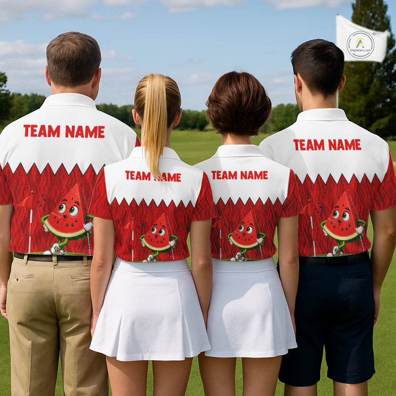Golf team wearing matching watermelon golf polos during summer golf tournament, custom golf uniforms symbolizing friendship, teamwork, celebration and cheerful competition.