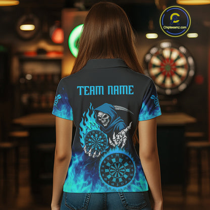 Custom Blue Flames Dartboard Horror Grim Reaper Dart Women Polo Jerseys Outfits Dart Shirt NYN1658