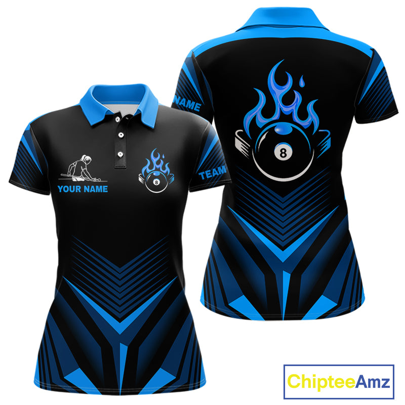 Blue Flaming 8 Ball Pool Polo & 1/4-Zip Team Shirt For Women Custom Billiards Ball Apparel NYN2465