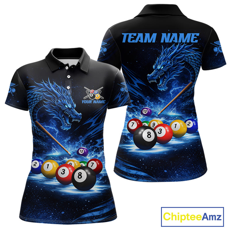 Blue Funny Dragon Thunder Ball Pool Billiard Team Shirt For Women Custom Billiards Ball Attire NYN2469