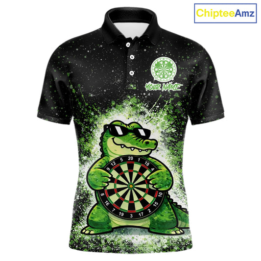 White And Green Funny Crocodile Hold Dartboard Dart Polo Shirts For Men Custom Dart Team Shirts NYN2675