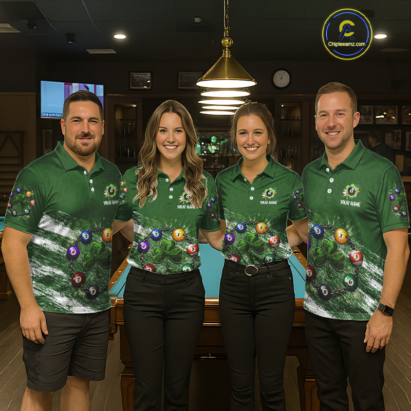 White Green Grunge Shamrock 8 Ball Men Billiards Shirt Personalized St Patrick's Day Pool Balls Shirt NYN2678