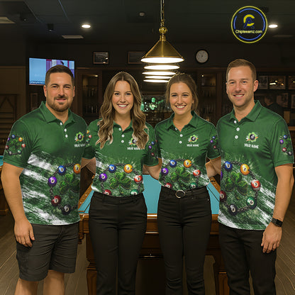 White Green Grunge Shamrock 8 Ball Men Billiards Shirt Personalized St Patrick's Day Pool Balls Shirt NYN2678