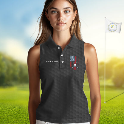 Womens American Flag Golf Shirts Patriotic Golf Jersey Custom Black Ball Golf Sleeveless Polo Jerseys NYN3053
