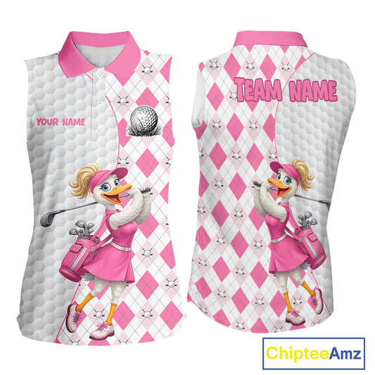 Custom Pink Argyle Golf Sleeveless Polo Shirts For Women Funny Duck Golfer Best Golf Clothing Shirts NYN3055