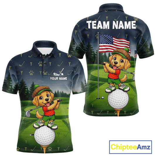 Men's American Flag Golden Retriever golf polo shirt mockup patriotic golf team outfit