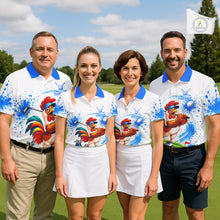 Load image into Gallery viewer, Men's golf team wearing blue splatter rooster golfer golf polo shirts