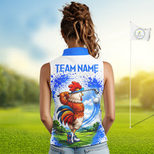 Load image into Gallery viewer, Woman wearing rooster golfer golf sleeveless polo shirt on golf course