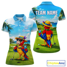 Load image into Gallery viewer, Women's funny parrot golf polo shirt mockup tropical summer golf apparel