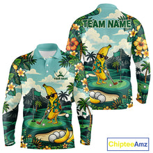 Load image into Gallery viewer, Men's funny banana golfer golf polo shirt mockup monstera tropical golf apparel