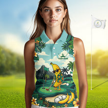 Load image into Gallery viewer, Woman wearing banana golfer golf sleeveless polo shirt on golf course