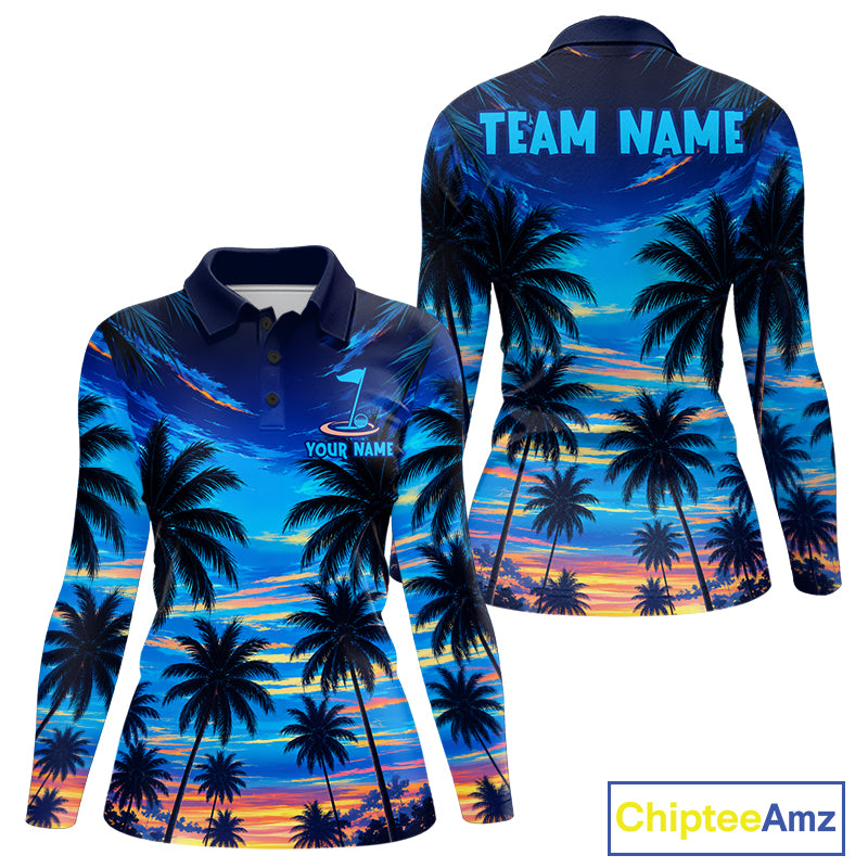 Women's sunset tropical palm tree golf polo shirt mockup personalized golf apparel