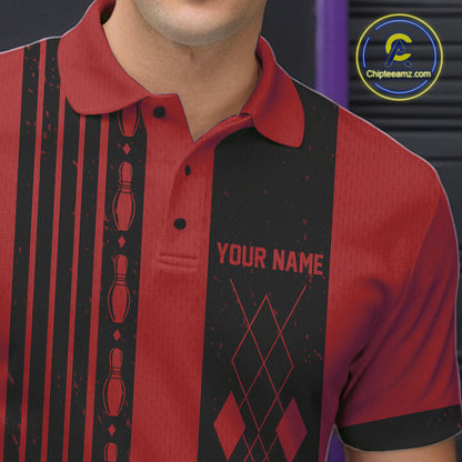 Male bowler wearing classic red argyle bowling jersey, retro sports aesthetic, bowling heritage fashion.