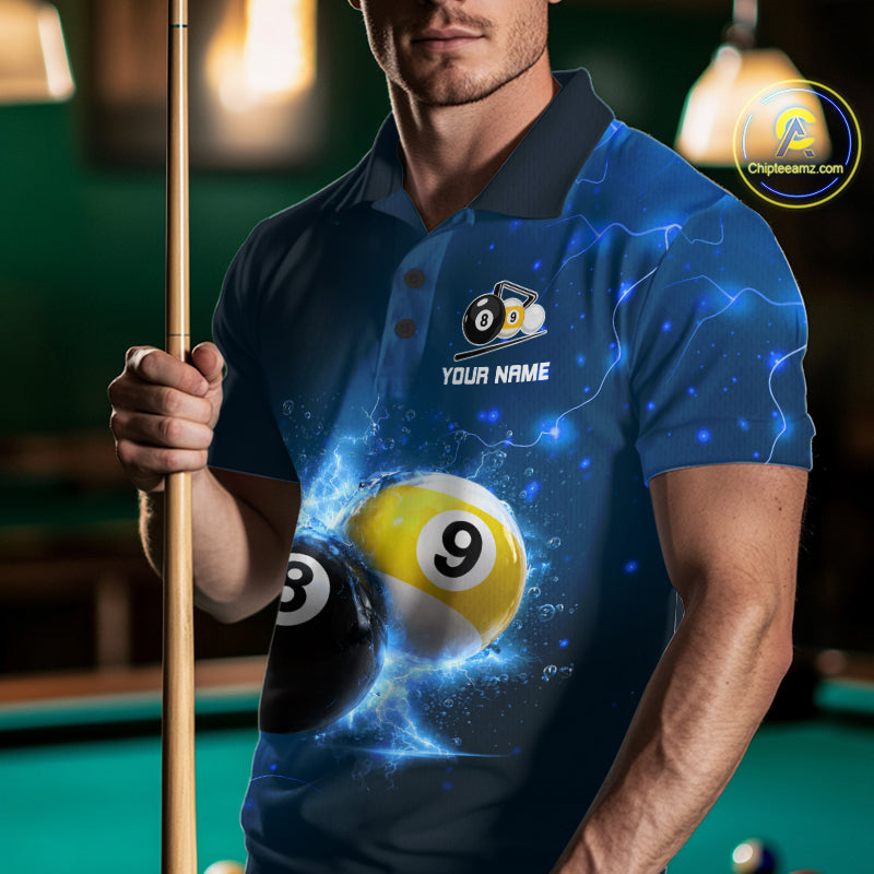 Custom 8 Ball & 9 Ball Mens Billiard Shirt Personalized Thunder Blue Billiard Tournament Jerseys NYN3777