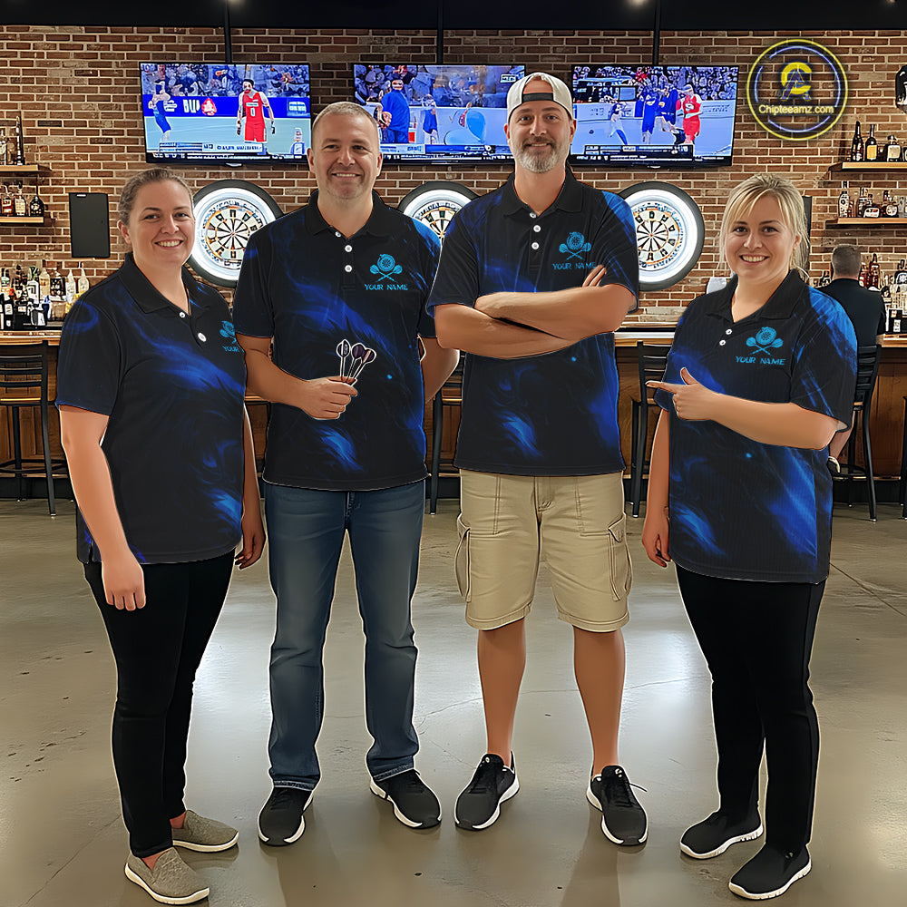Personalized Black And Blue Flames Dragon Dart Polo Shirts For Women Dart Team Jerseys NYN2188