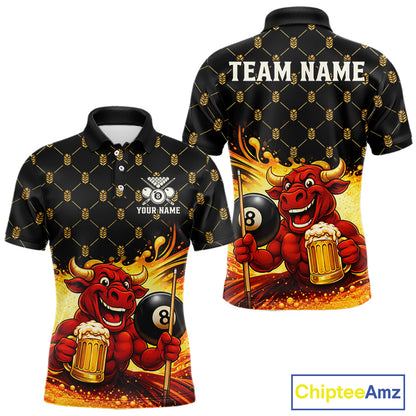 Beer & Funny Bull Play Pool 8 Ball Men Billiard Team Shirt Custom Billiard Polo & 1/4 Zip Attire NYN2475