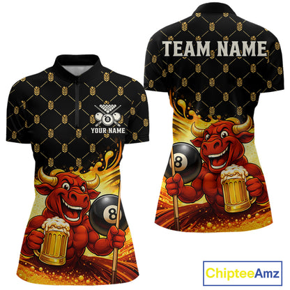 Beer & Funny Bull Play Pool 8 Ball Women Billiard Team Shirt Custom Billiard Polo & 1/4 Zip Attire NYN2475