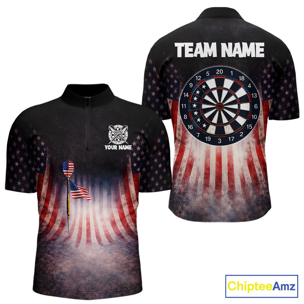 American Flag Grunge Dart Arrow Patriotic Dart 1/4-Zip Shirts For Men Custom Name For Dart Players NYN2685