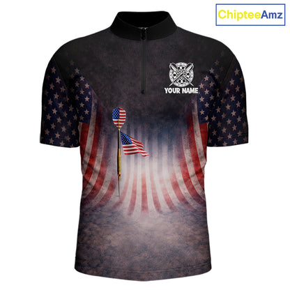 American Flag Grunge Dart Arrow Patriotic Dart 1/4-Zip Shirts For Men Custom Name For Dart Players NYN2685