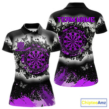 Load image into Gallery viewer, Women's white purple black grunge butterfly dart polo shirt mockup custom dart team jersey