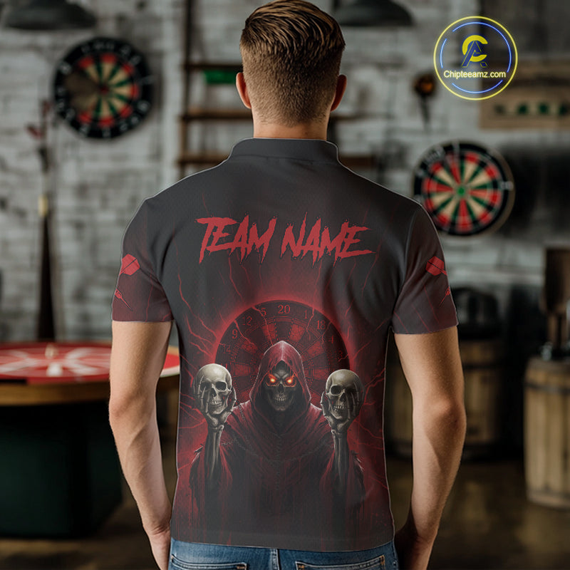 Custom Red Grim Reaper Grey Skull Dartboard Men Darts Polo Shirt Grunge Dart Jerseys NYN1935