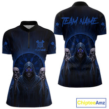 Load image into Gallery viewer, Custom Blue Grim Reaper Grey Skull Dartboard Women Darts Quarter-Zip Shirt Grunge Dart Jerseys NYN1937