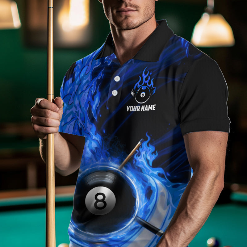 Personalized Blue 8 Ball Fire Flame Billiard Polo & 1/4-Zip For Men 8 Ball Pool Team Jersey NYN2847