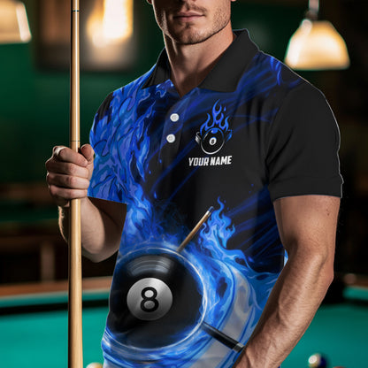 Personalized Blue 8 Ball Fire Flame Billiard Polo & 1/4-Zip For Men 8 Ball Pool Team Jersey NYN2847