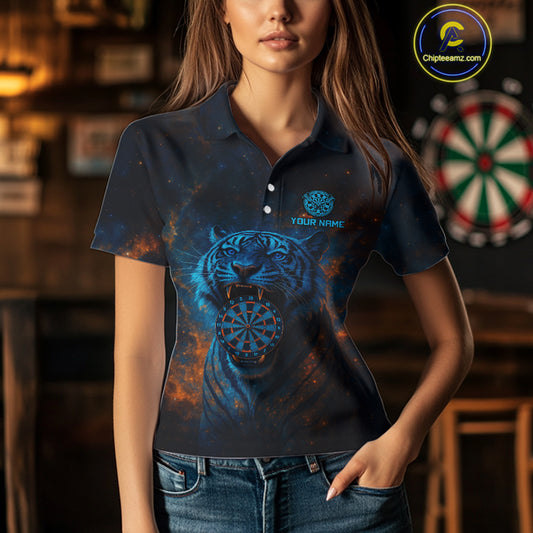 Custom Blue Orange Galaxy Tiger Dartboard Dart Polo Shirt For Women Dart Tournament Jerseys NYN1422