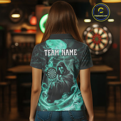 Custom Turquoise Grim Reaper Fire Flames Dart Women Polo Jerseys Outfits Skull Dart Shirt NYN1684