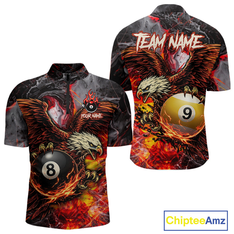 Eagle Fire Flame Pool 9 Ball & 8 Ball Men's Billiard Shirt Custom Billiard Polo & 1/4 Zip Attire NYN2494