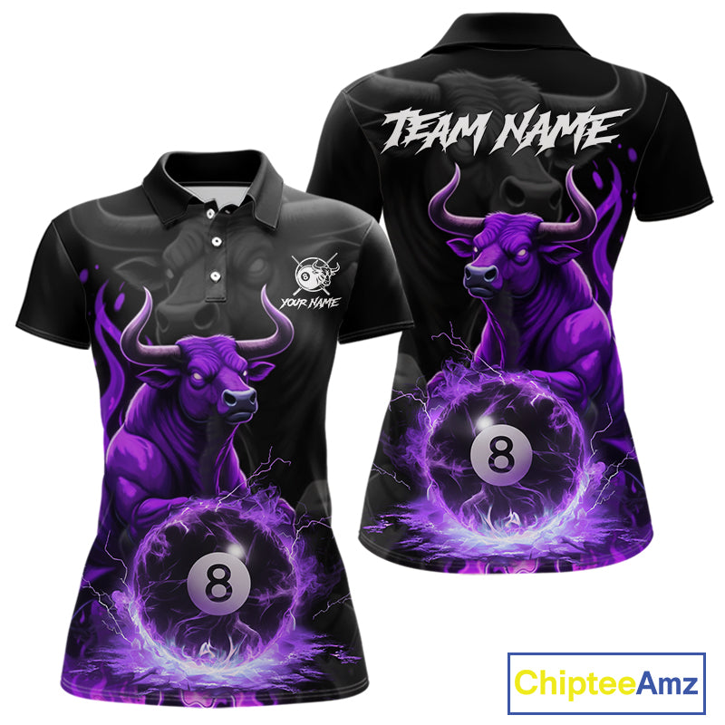 Black & Purple Flames Pool 8 Ball Women's Billiard Team Shirt Custom Funny Bull Billiard Attire NYN2502