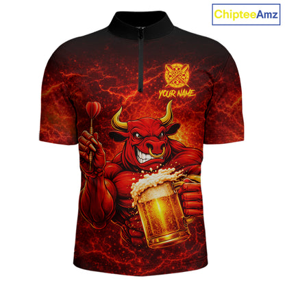 Red|Funny Bull & Beer Thunder Lightning Dart 1/4-Zip Shirts For Men Custom Name For Darters NYN2698