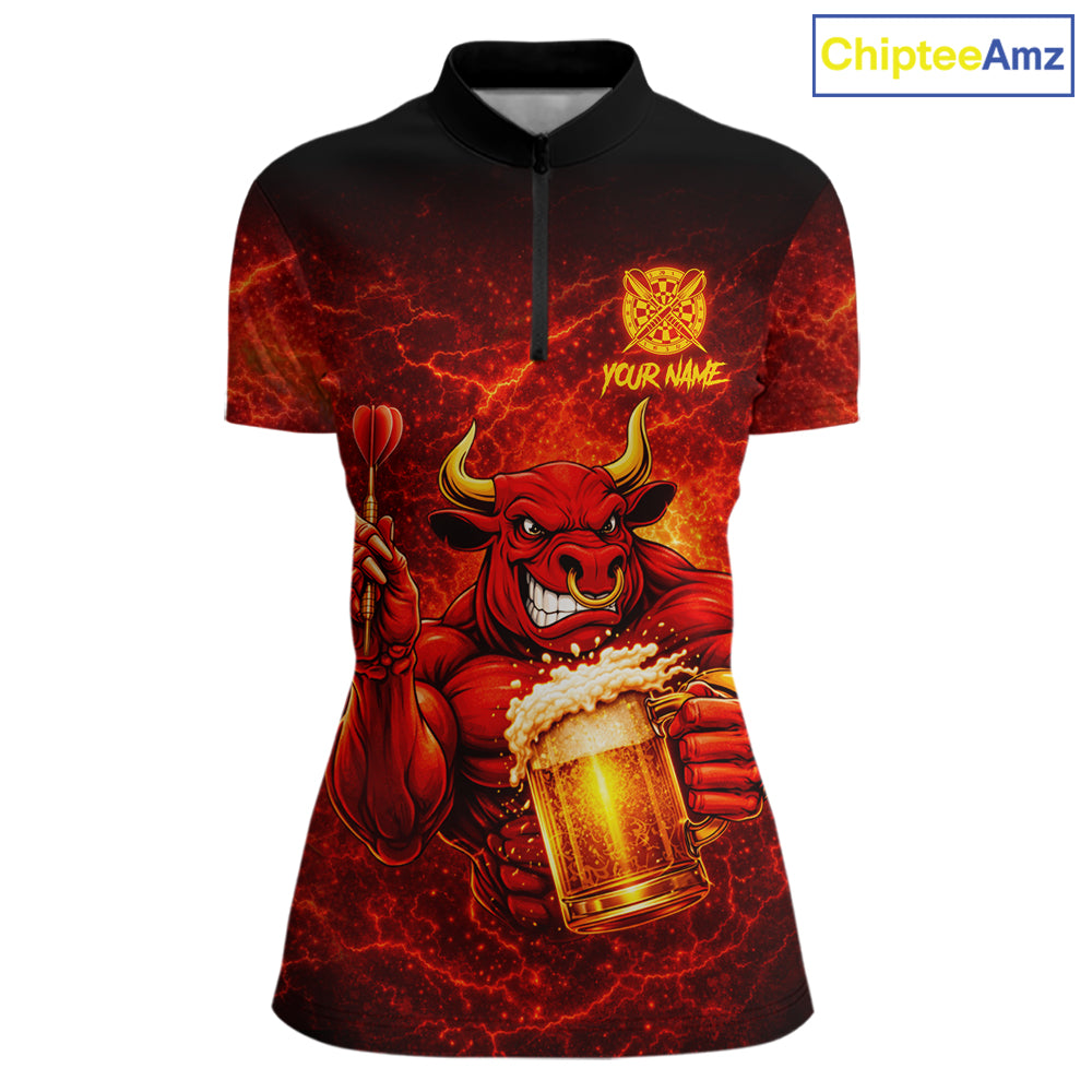 Red|Funny Bull & Beer Thunder Lightning Dart 1/4-Zip Shirts For Women Custom Name For Darters NYN2698
