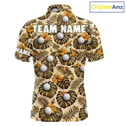 Personalized Tropical Yellow Monstera And Golfs Pattern Custom Golf Polo Shirt For Men Golf Team Clothes NYN2865