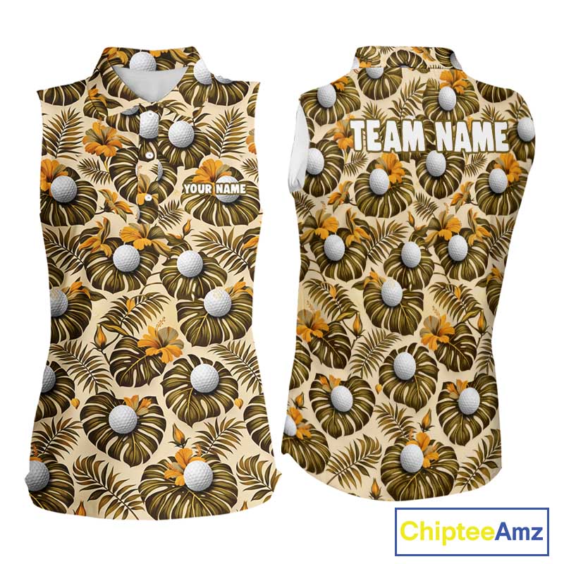 Personalized Tropical Yellow Monstera & Golfs Pattern Custom Golf Sleeveless Polo Shirt For Women Golf Clothes NYN2865