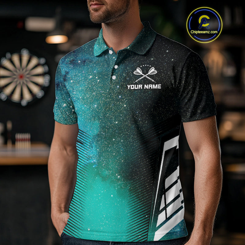 Custom Men's Darts Team Shirt With Cosmic Teal Gradient & Abstract Dartboards NYN0287