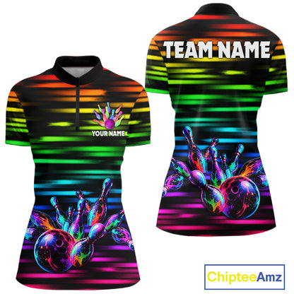 Colorful Splatter Paint Bowling Shirt For Women Custom Rainbow Strike Lightning Team Bowling Attire NYN3229