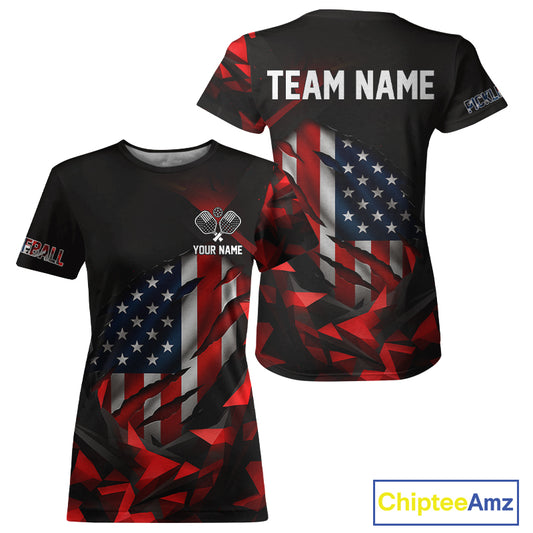 Custom Black And Red Patriotic Pickleball T-Shirt For Women US Flag Pickleball Jerseys NYN1433