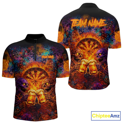 Funny Skeleton Cheer Beer Flame Men Darts Quarter-Zip Shirt Custom Graffiti Dart Team Jerseys NYN2513