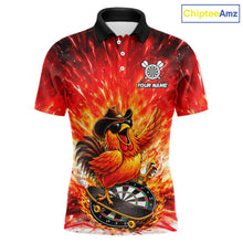 Load image into Gallery viewer, Mens Darts Funny Rooster Red Flames Polo Shirt Custom Name Polo Quarter Zip Shirt Gift For Darters NYN2857