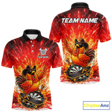 Load image into Gallery viewer, Mens Darts Funny Rooster Red Flames Polo Shirt Custom Name Polo Quarter Zip Shirt Gift For Darters NYN2857