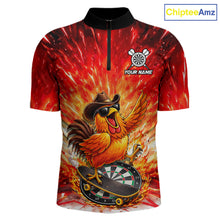 Load image into Gallery viewer, Mens Darts Funny Rooster Red Flames Polo Shirt Custom Name Polo Quarter Zip Shirt Gift For Darters NYN2857