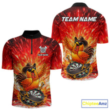 Load image into Gallery viewer, Mens Darts Funny Rooster Red Flames Polo Shirt Custom Name Polo Quarter Zip Shirt Gift For Darters NYN2857