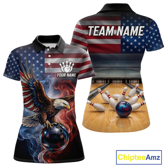 Personalized Fire Flame USA Flag Eagle Bowling Team Shirts For Women Outfits Patriotic Bowling Gifts NYN3073