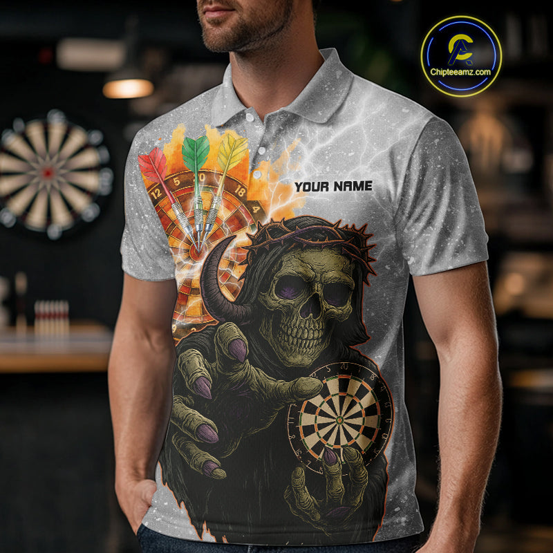 Men's Custom Darts Shirt With Death Reaper Fiery Dartboard & Lightning Effect NYN0295