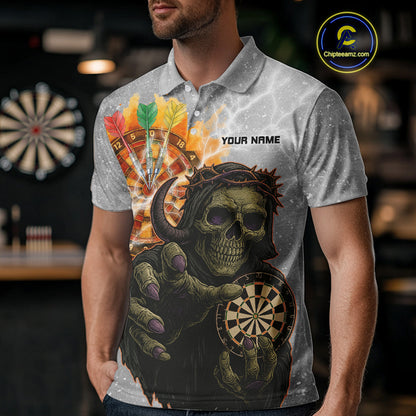 Men's Custom Darts Shirt With Death Reaper Fiery Dartboard & Lightning Effect NYN0295